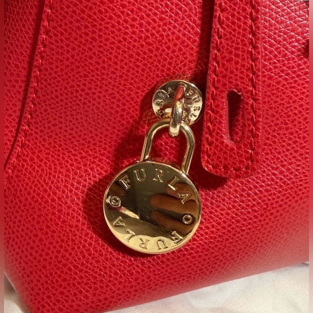 Like New Furla Red Leather 2-way Bag with Gold Charm. Zippered outside storage. - Picture 2 of 12